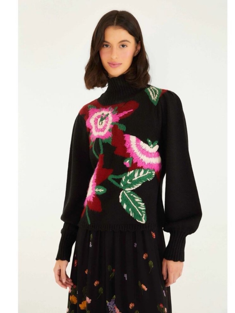 Farm Rio Black Floral Bold Colorful Mock-Neck Sweater Embroidered Flowers XS NEW